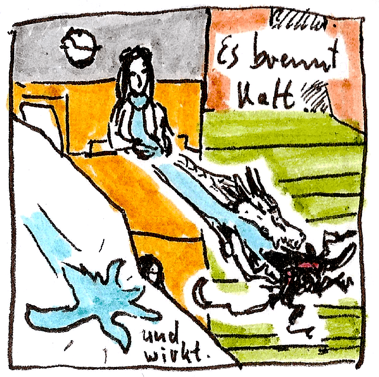 Blaue Flammen schießen durch den Drachen und verbrennen das Wesen. Text: Es brennt kalt. Und wirkt.