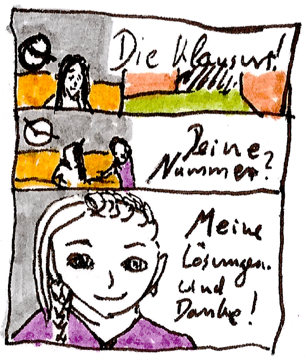 Text: Panel 1: Junger Mann sitzt erschrocken. Text: Die Klausur! Panel 2: Lila Frau geht zu jungem Mann. Text: Deine Nummer? Panel 3: Lila Frau in Großaufnahme. Text: Meine Lösungen. Und Danke!
